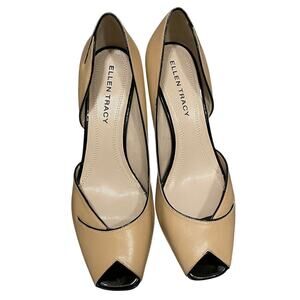 Nude Leather 8 Ellen Tracy Raleigh Pumps | Black Trim, Peep Toe Heels, NWOB $200